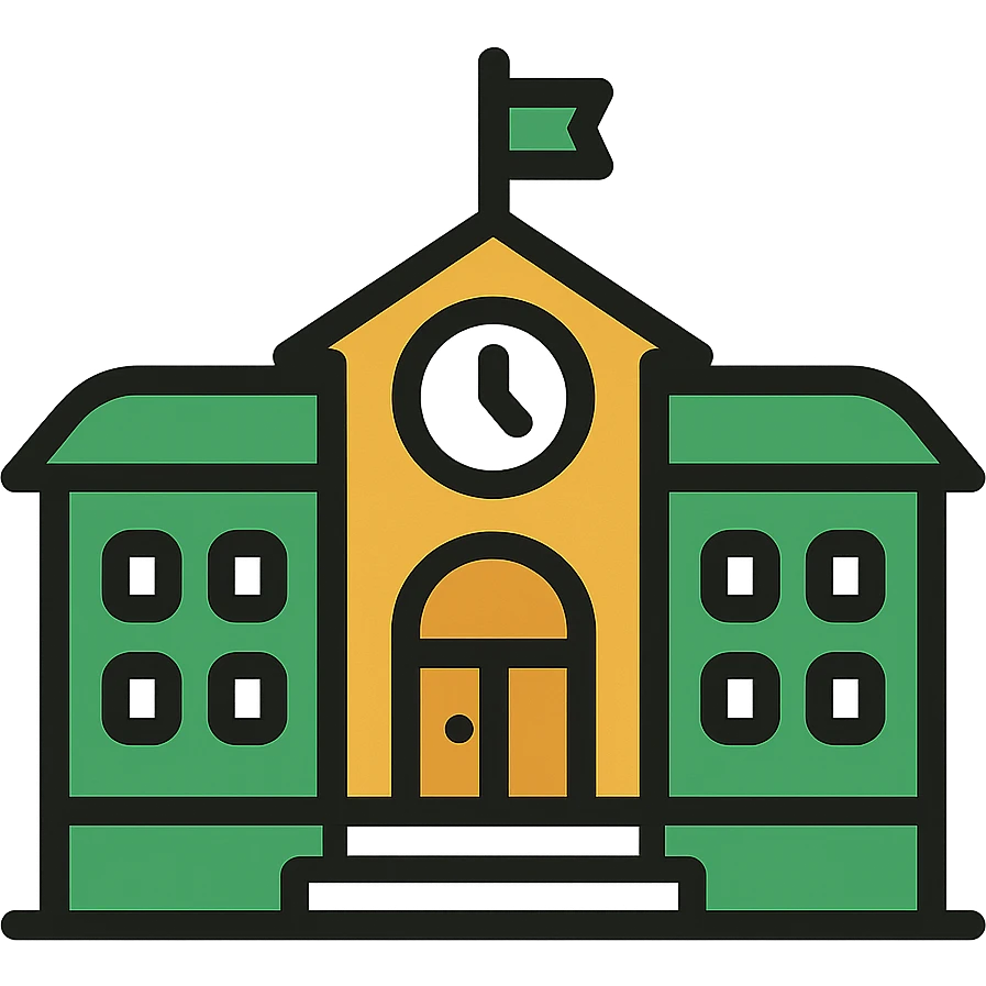 school building, classic look, green gold and white color scheme, elegant lines, decorative details emoji
