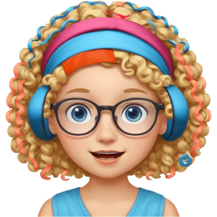 blond kid with unique face features and very curly hair kid girl happy and big glasess and big nose and very blue eyes and headband with freckles kind of nerd looking emoji