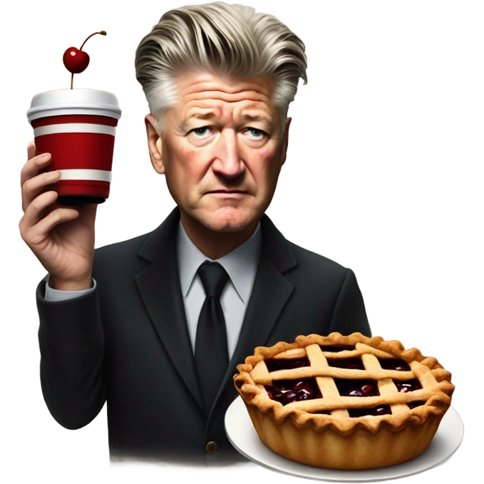 david lynch with a cherry pie and coffee cup emoji