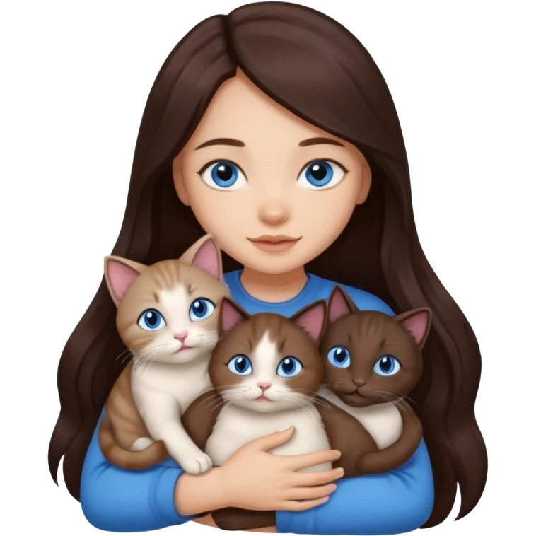 a pretty girl with long dark 
brown hair, with blue eyes, hugs 3 different natural coloured small cats emoji