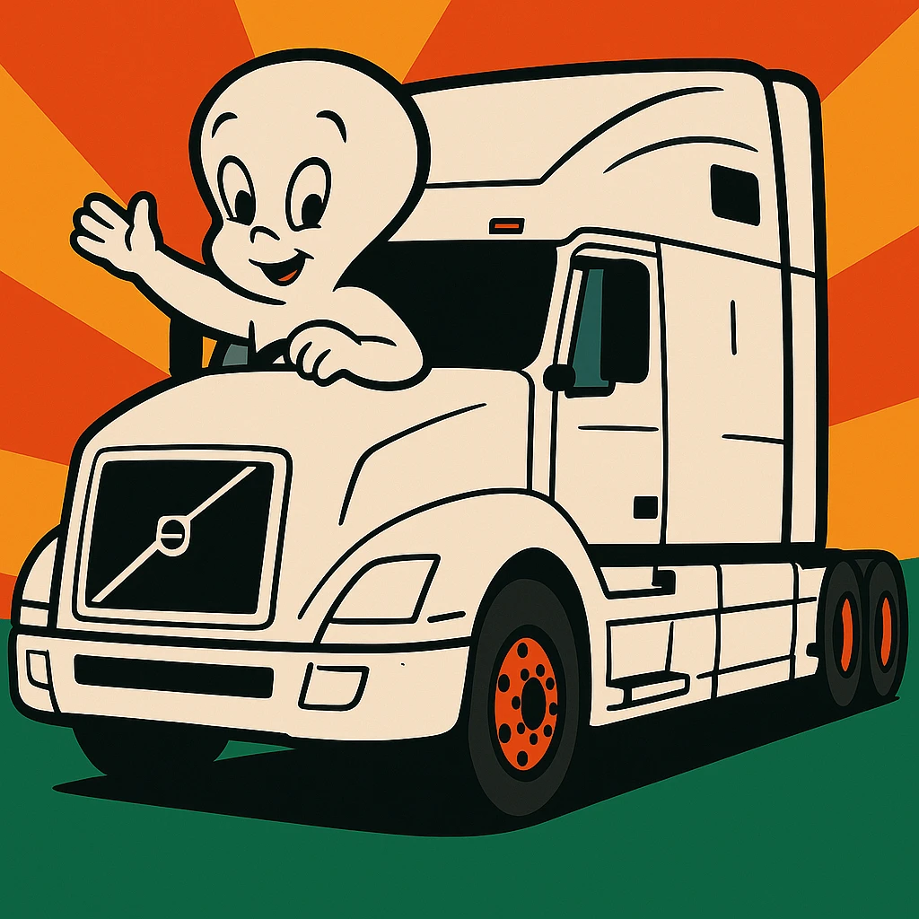 Change the semi truck to white, keep Casper the ghost driving in vibrant toon style. emoji