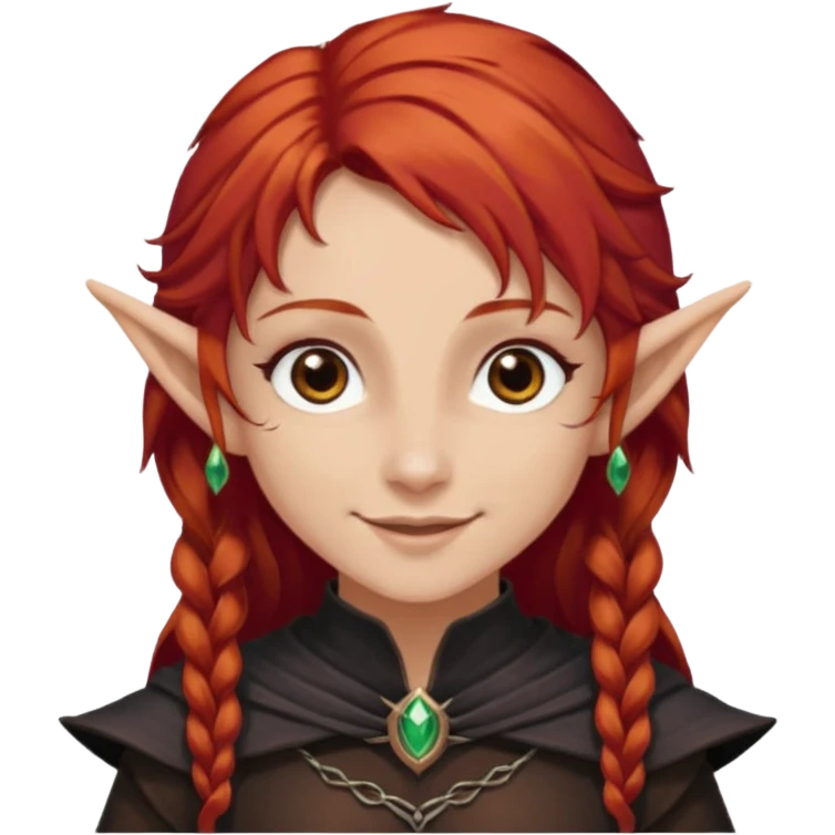 Bruxa meio elfa, ruivo forte (acobreado puxado pro castanho escuro) olhos escuros, e sorrindo 🧝🏻‍♀️ nesaa pegada desse emoji ai, e branca não muito branca tbm emoji