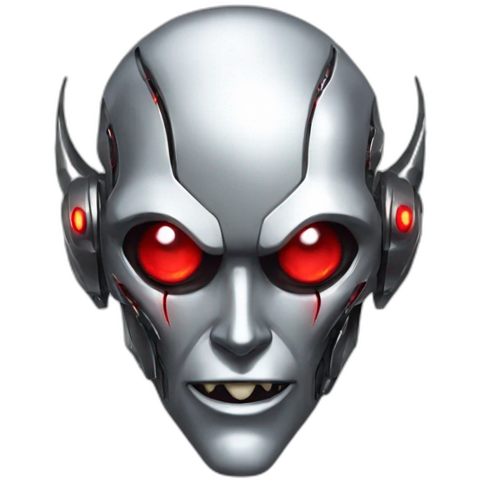 Cyber futuristic silver vampire robot face  red eyes, long ears and vampire fangs emoji