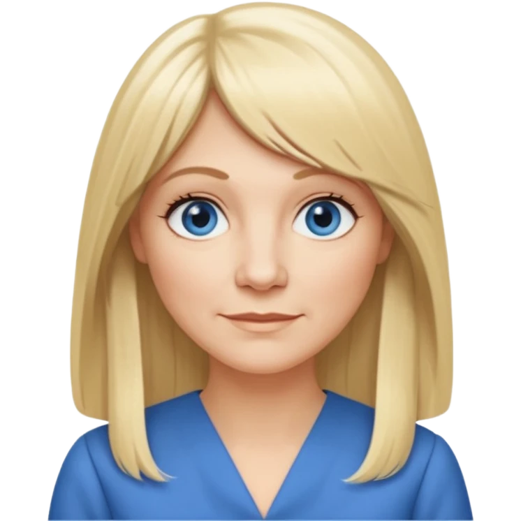 50 yr old white woman, hippie parted very long hair, short bangs, very long straight blond hair, oval face, small smile, blue eyes, thin face, hair downback, hair parted at center of head, round cheeks, pale, longer hair, business dress, long hair emoji