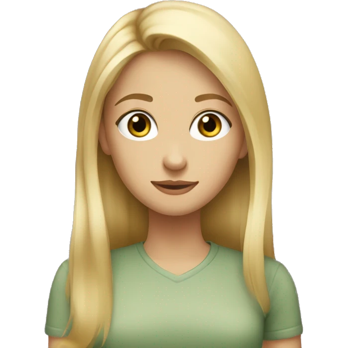girl with long blonde hair, hazel eyes, long eyelashes, wearing a sage green shirt emoji