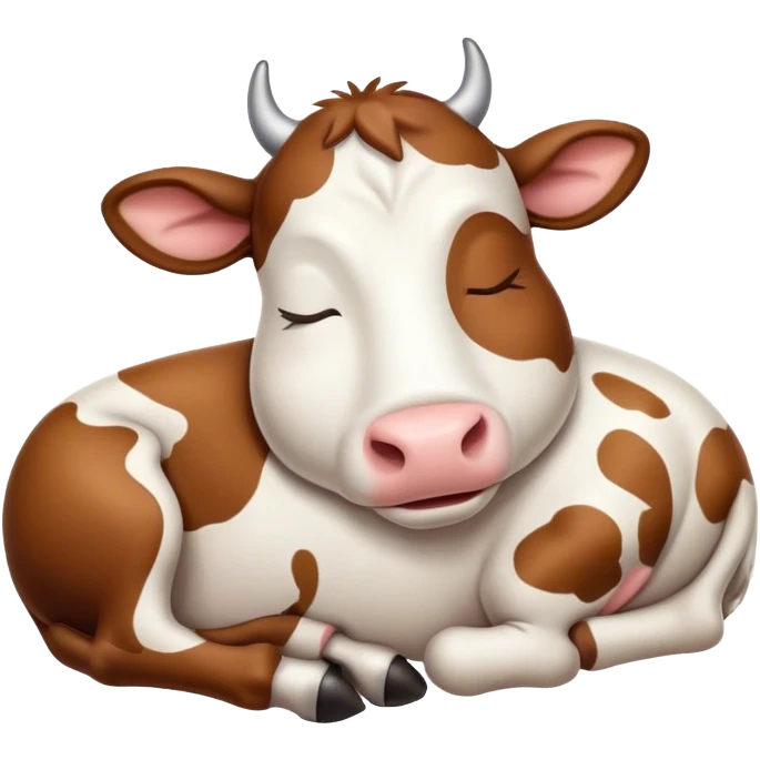 Meme-Worthy Cute Sleeping Brown and White Cow Portrait Emoji, Head resting peacefully with a contented smile, showcasing a robust build and a luxuriously soft patterned hide of brown and white, eyes shut in a serene, restful nap, Simplified yet hilariously adorable features, highly detailed, glowing with a soft, drowsy light, high shine, relaxed and utterly lovable, stylized with an air of playful laziness, bright and heartwarming, soft glowing outline, capturing the essence of a comically sleepy cow, so meme-worthy it feels like it could instantly become the next viral sensation of adorable slumber! emoji