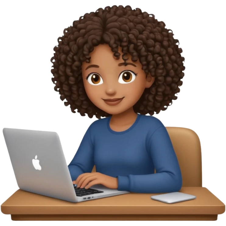 adorable black girl with curly hair working on a MacBook, smiling, cozy setting emoji