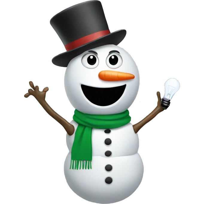 snowman  with sunglasses and vest. Stick arms with light bulb nose emoji