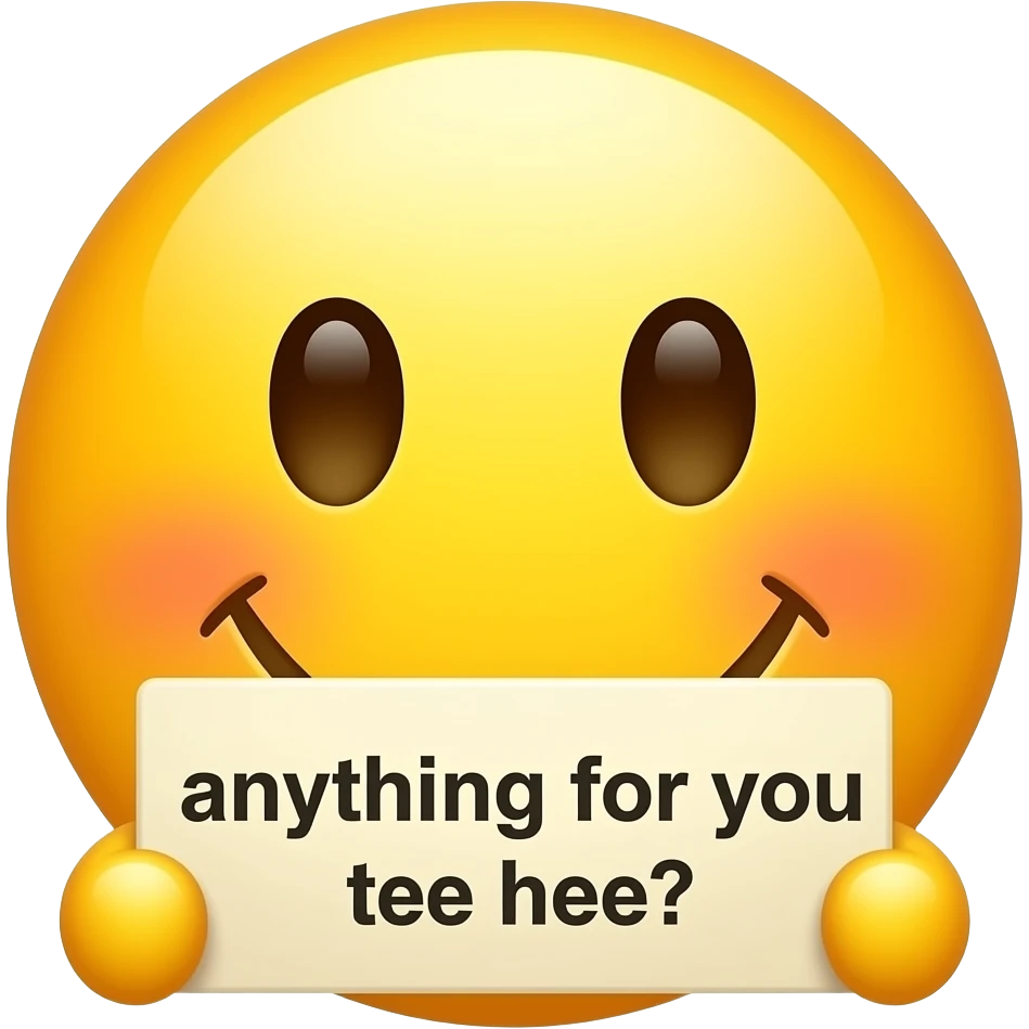 Yellow smiley blushing covering mouth in love holding up a sign sign that says "anything for you tee hee" emoji