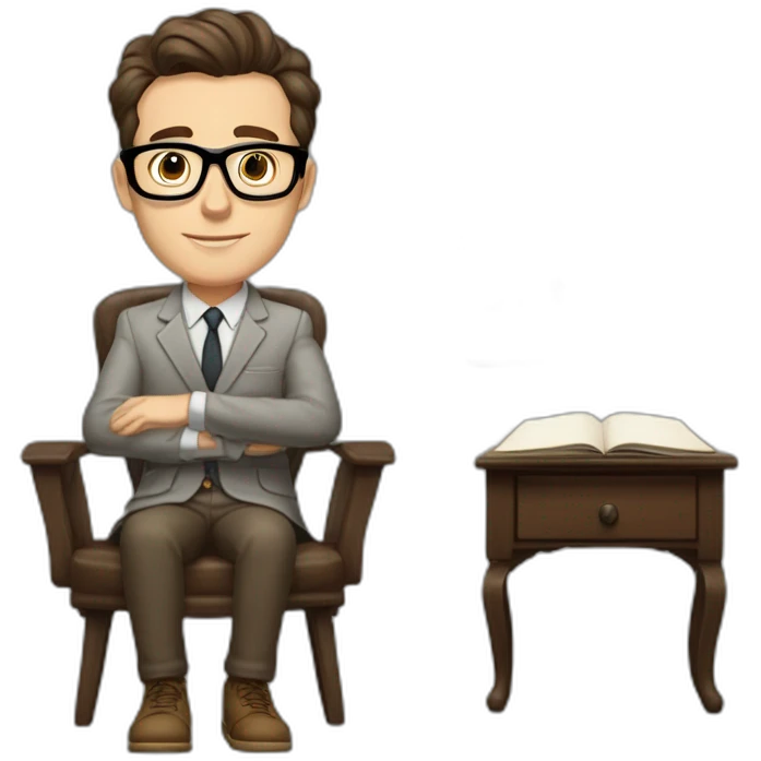 Pale skinned Fit Man With dark brown hair in gray jacket, beige office shirt, Brown pants and vintage glasses sitting In a soft chair with a notebook on spring with emblem Ψ and a pen emoji