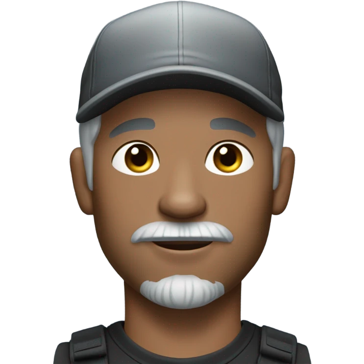 blue eyed man, with grey hair and grey goatee, wearing ball cap, holding long hair black chihuahua emoji