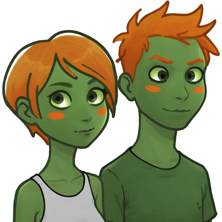 A tall girl and a half short boy with orange hair emoji