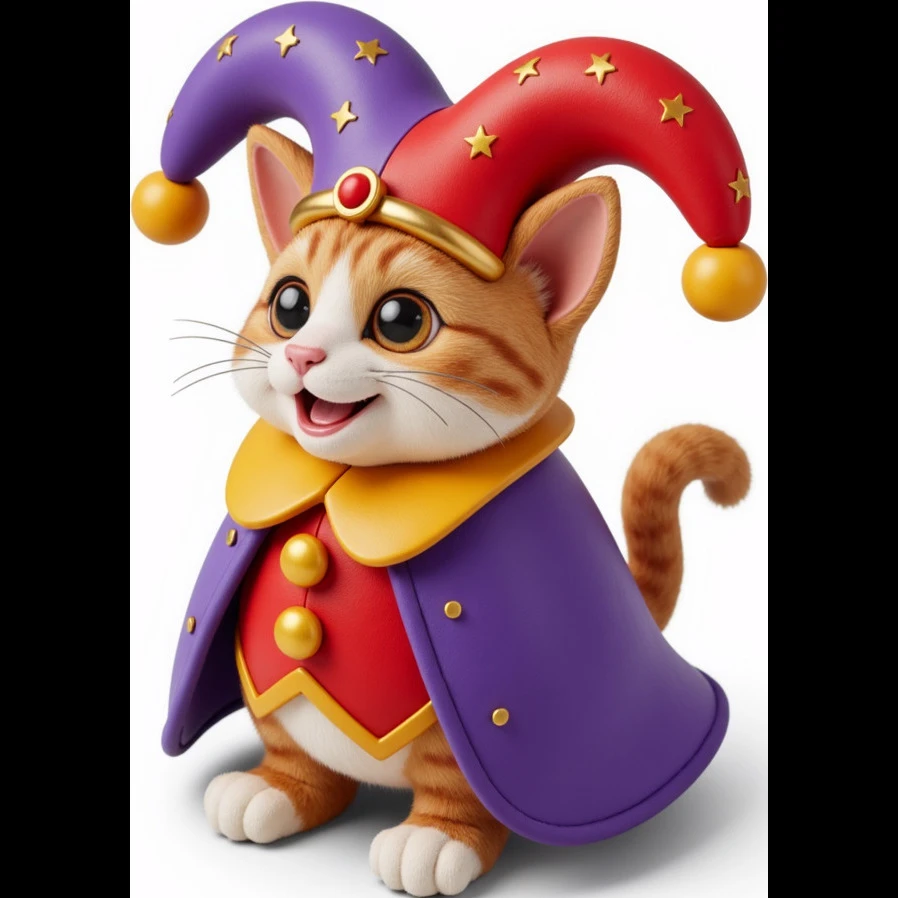 crazy colorful cute little cat jolly joker from poker, medieval, vintage, court jester, mac os icon, purple, gold and red color, half body. Squared shape as 3D mac os icon emoji