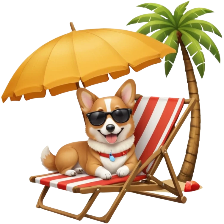 a corgi dog laied on a beach chair, a sunny beach, a sun umbrella, and beach coconut trees. the icon should capture the essence of a relaxing beach vacation with a carefree atmosphere emoji
