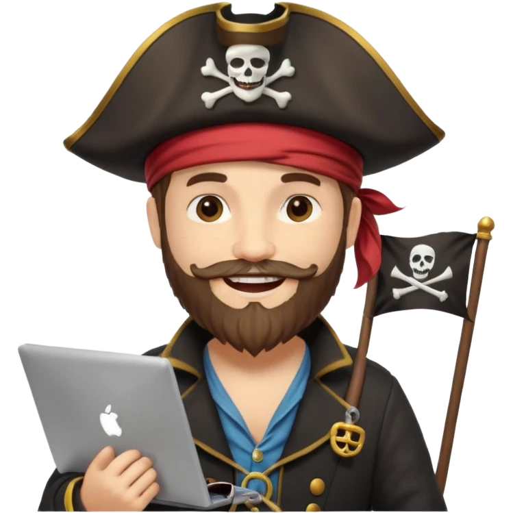 pirate captain standing with a laptop, beard, pirate flag with code symbol, cheerful and creative emoji