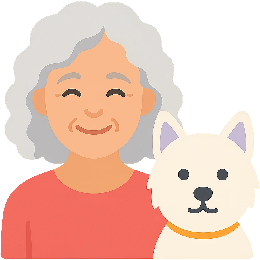 50-year-old pretty lady with silver curly hair, smiling, with a Westie dog, color icon emoji