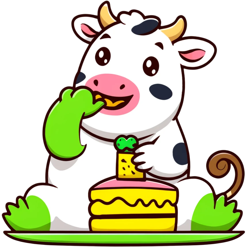 Cow with a frog eating cake on its head emoji
