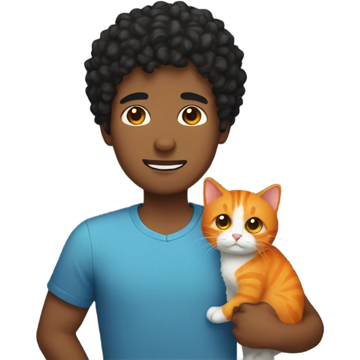 Guy with short black curly hair holding a orange cat emoji