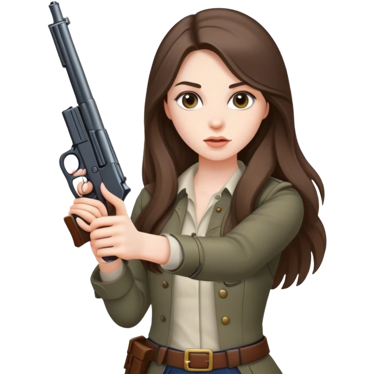 beautiful pale brunette girl with long hair with a gun emoji