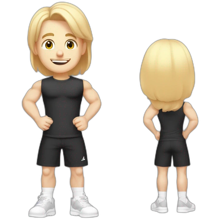 Pale skinned Fit Man With the biceps and blonde hair in black shirt, gray sports shorts and white Sneakers Writing text on the flipchart emoji