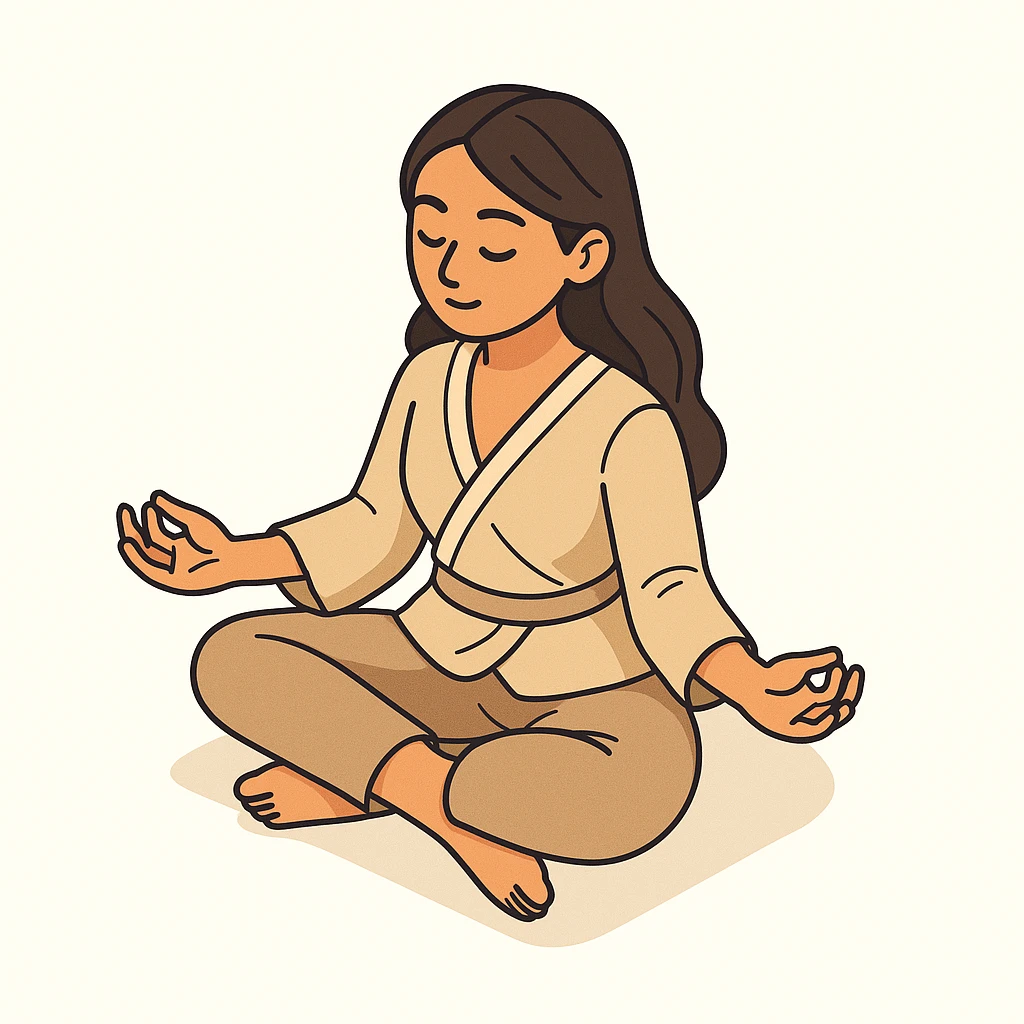 Create an image of the referenced girl in a lotus pose, preserving her appearance and clothing. Use a 2D isometric style with added shadows and highlights. The background should be white. Image size 512x512px. emoji