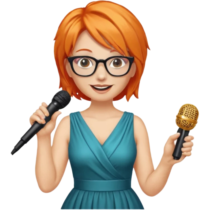 singer, Middle age, orange hair, happy, holding mic, wearing dress, glasses emoji