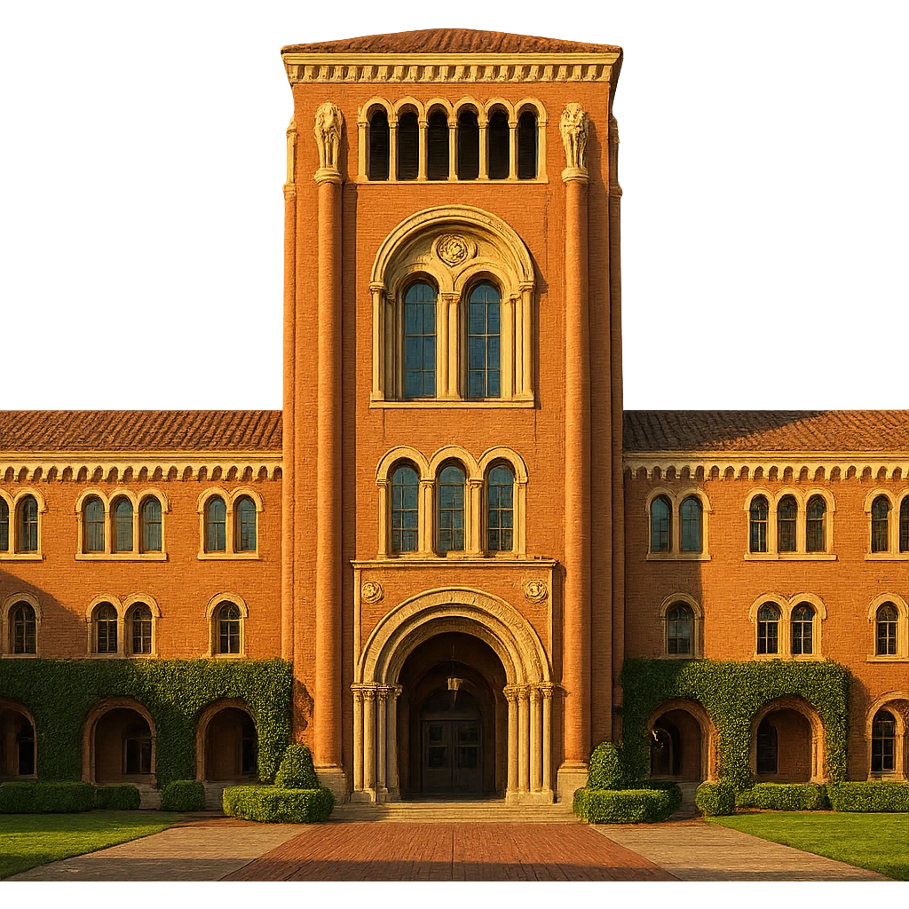 cinematic, realistic emoji of the Bovard Administration Building at the University of Southern California in Los Angeles, straight-on perspective, featuring its iconic Romanesque Revival architecture, lifelike detail, bright regal lighting as on a sunny day, accurate building colors, transparent background emoji