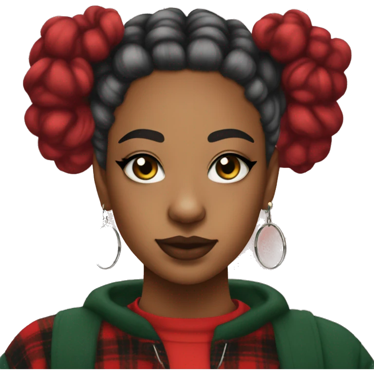 Trans girl with dark green space buns wearing a red flannel and hoop earrings wearing cat eye liner emoji