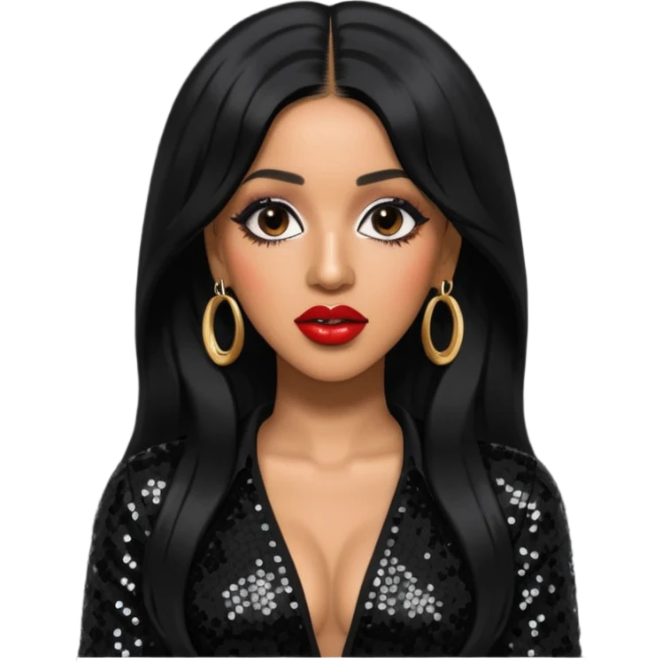Cardi B with long jet black hair, black sequin outfit emoji