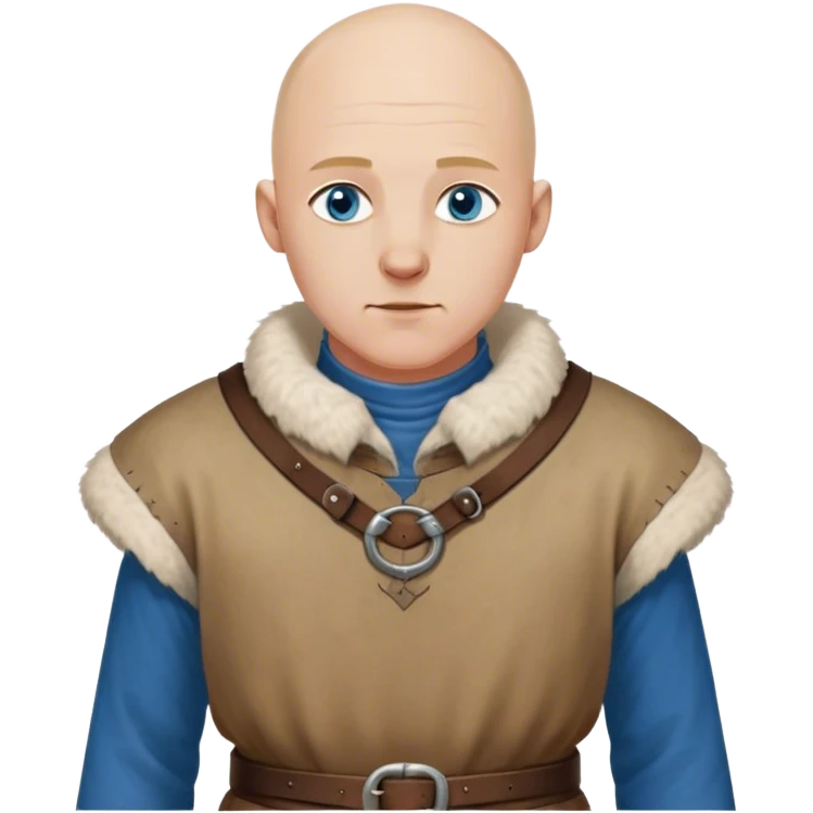 medieval outfit worn by a DnD themed fantasy character. basic rough-spun tunic with a fur-lined collar and a leather strap across the chest. clothes only above the waist. The clothes full waist. The character's haven't arms. character is bald, blue eyes, white-skinned man. emoji