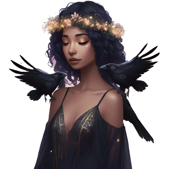 Black Raven wings bohemian girl Ethereal iridescent galaxy constellation girl angel raven wings black wings, gold arrow, nebula, flower crown, fairy lights, nature, shot by golden arrow emoji