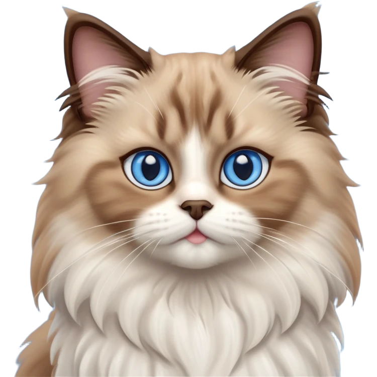 cinematic-adorable-big-eyed-fluffy-brown ragdoll-cat-portrait-emoji,-head-tilted-playfully-with-a-sweet-expression,-fluffy-white and brown-fur,-simplified-yet-irresistibly-cute-features-with-large,-expression, blue eyed ragdoll cat emoji