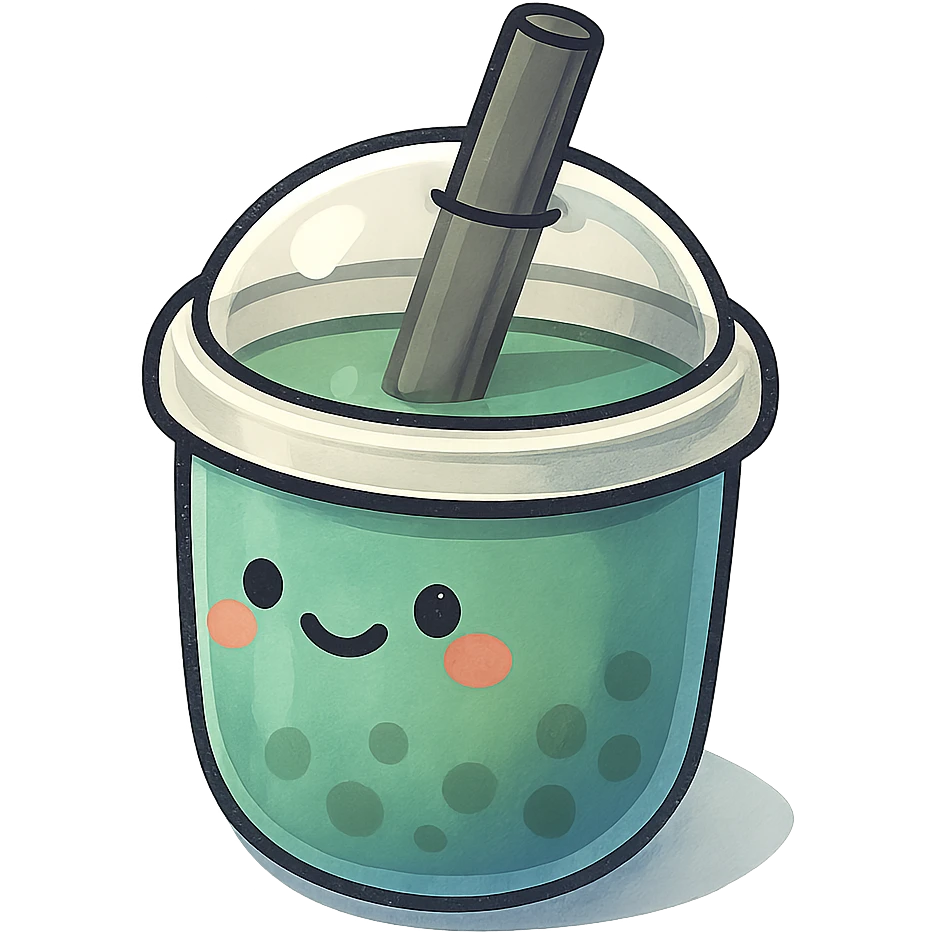 bubble tea cup with a rounded cute lid, blue cup, green drink inside, vector hand-drawn style, clear bold outlines, expressive shadows and highlights, matte glass effect, playful face, extra chubby shape emoji