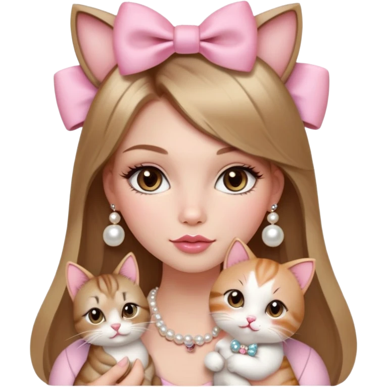 A very gorgeous girl with straight long light brown hair with blonde highlights, hazel eyes, big plump round lips with baby pink blush on her cheeks and mascara on her lashes, coquette style with a bow on her hair and Pearl jewelry on her wrist and neck holding a very cute cat emoji