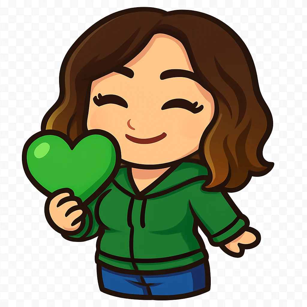 Sticker style chibi emote, matching the attached green heart emote as a base, but with a slightly skinnier body and a bigger chest. Woman from reference, green hoodie and blue jeans, holding a green love heart, cute happy face, no headband, no wand, transparent background. Top color should not match jeans. emoji