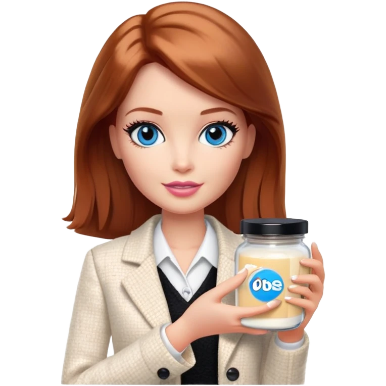 A Barbie girl with blue eyes, shoulder-length reddish-brown hair, made-up, in a white tweed jacket and black skirt, holding a jar of pale beige face cream emoji