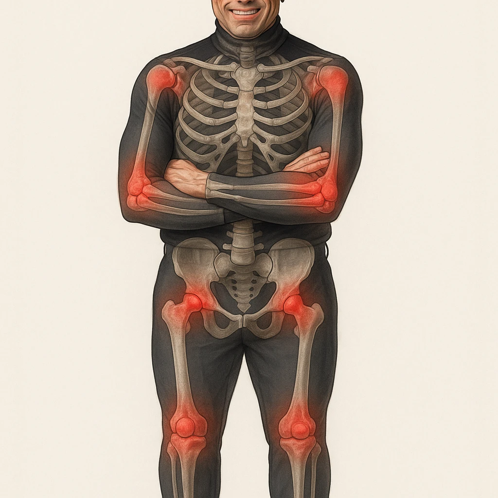 Create a series of 5 vertical images of a man (reference photo) with widespread joint pain, highlighting inflammation with an anatomical view. Show red zones on the joints, medical style, anatomical details, hyperrealism. emoji