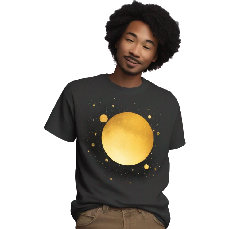 Person wearing T shirt with vintage gilded earth on t shirt with nebulas galaxies and constellations t shirt emoji
