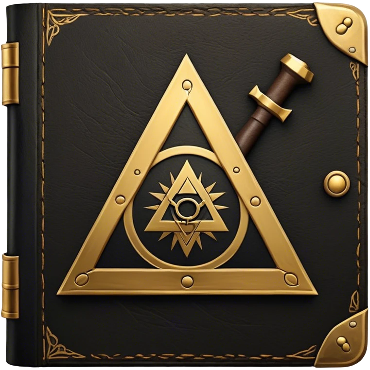 A black and gold book with an aged leather texture, embossed with an alchemical symbol, a compass, or a forging hammer, exuding wisdom, mastery, and the relentless pursuit of greatness. - book on mastery ... silhouette of a triangle  emoji