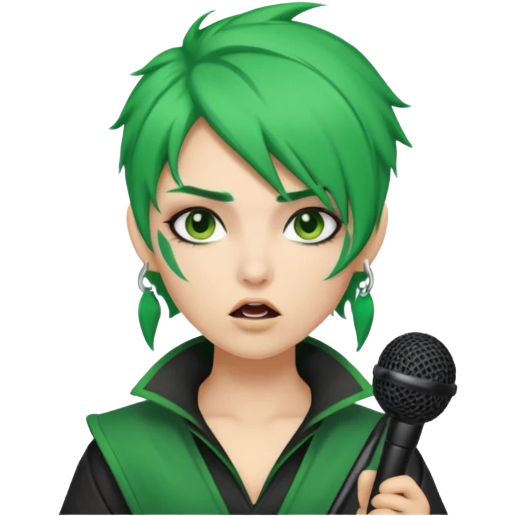 green haired, warrior makeup, holding microphone, singing emoji