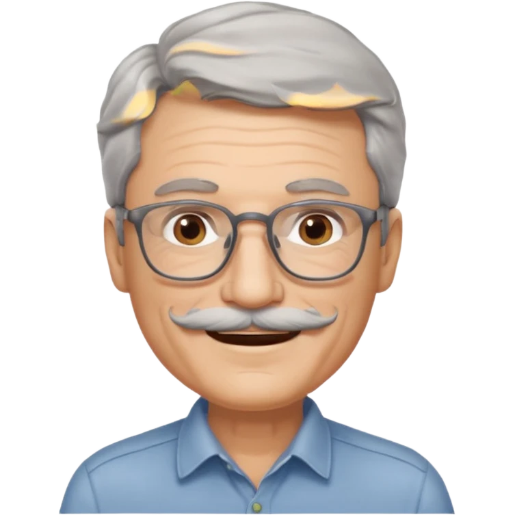 Generate a portrait of a slightly older man with glasses. His hair is quite thin, gray, but wavy. He has brown eyes, a mustache, and is smiling. emoji