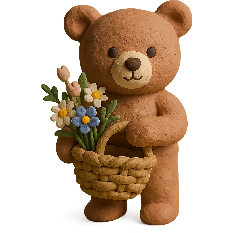 bear carrying a basket of wildflowers, soft pastel brown and cream, claymation style emoji