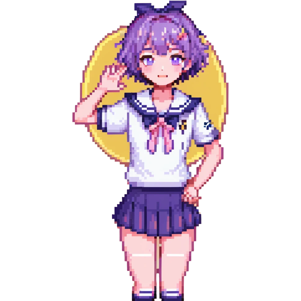 Pixel art anime schoolgirl with short bright purple hair in Japanese sailor uniform, standing with one hand on hip trying to look brave but shyly waving with pink blush across face emoji