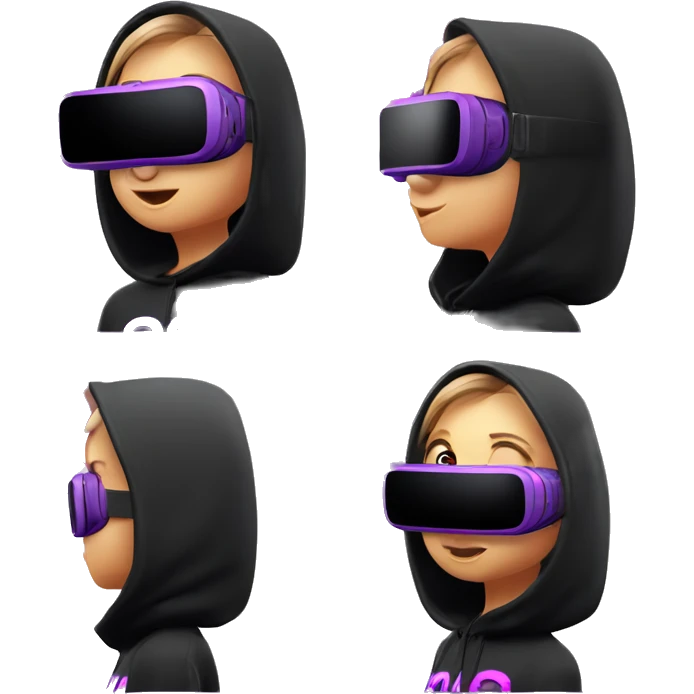 Russian girl wearing black hoody with violet letters "OMG", in vr headset oculus quest2. Dancing. Cyberpunk style. Violet neon. emoji