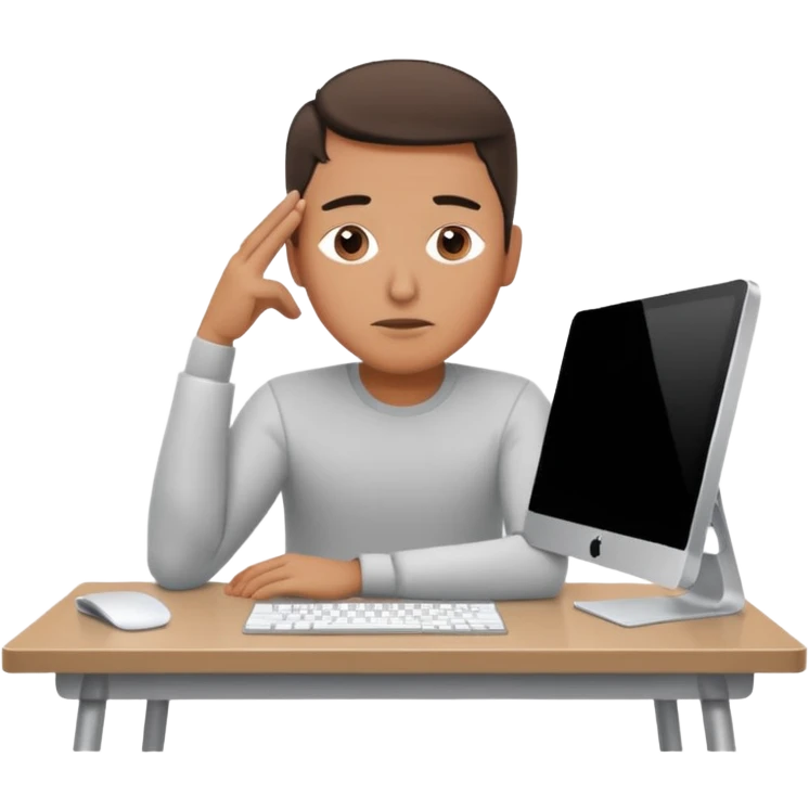 emoji of a man sitting at the table with an imac on it, a man is sitting in a very thoughtful pose, he has his hands on the table and his head resting on them emoji