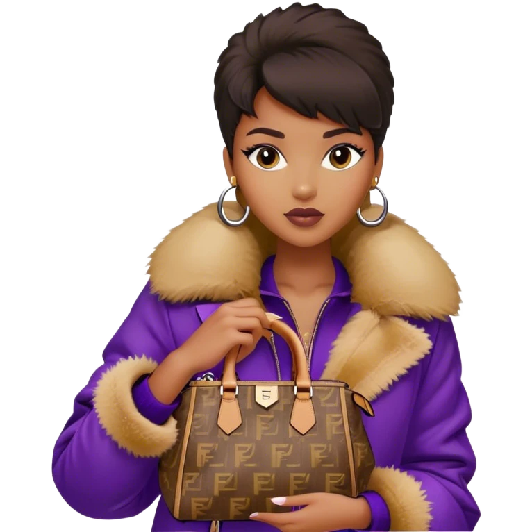 Beautiful black woman wearing a brown monogram Fendi jacket with a fur trim. She is carrying a purple Fendi Mini Peekaboo Bag. I want the image close up emoji