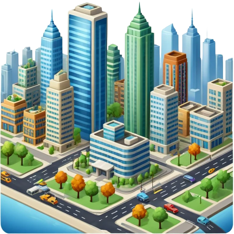 An icon showing a city-building game interface, inspired by Sim City. The design features a bustling city with roads, skyscrapers, and parks, with buildings being constructed and managed. The game’s interface, with stats and controls, is visible at the top. Transparent background. emoji