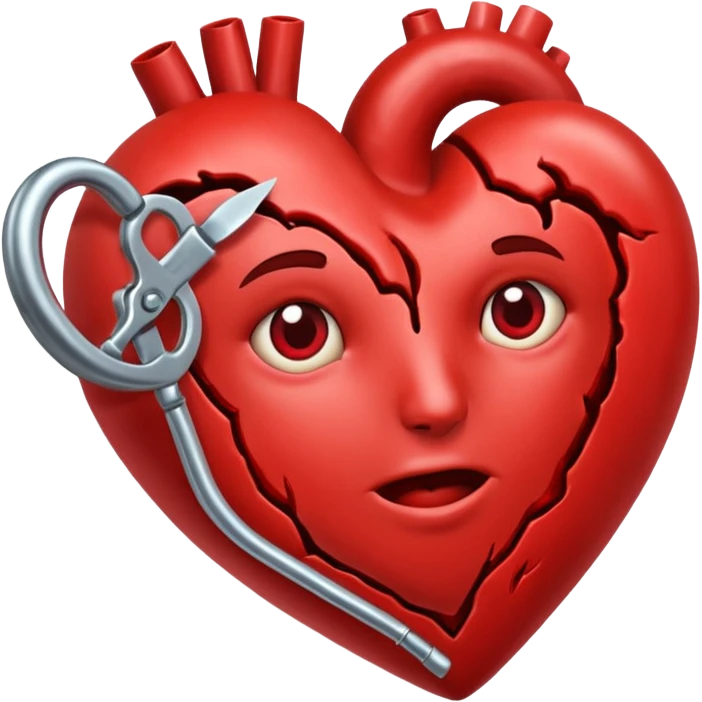 Un corazón humano roto con grietas  sangrando y expulsando sangre rodeado de vendas y tiritas que se despegan sin hacer efecto emoji