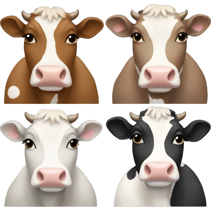 4 cows, one grey, one black, one her face light brown, and white whith light brown dots, last one is brown with white dots, her face is white with brown eyeshadow  emoji