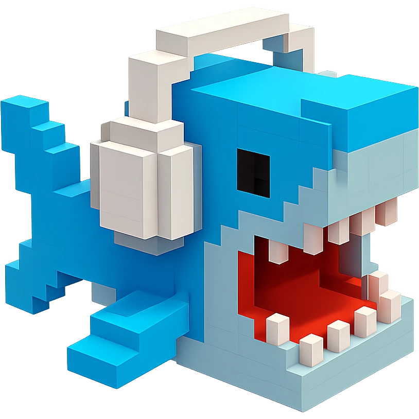 voxel style shark with white headphones, open mouth, blocky, blue and silver, no background emoji